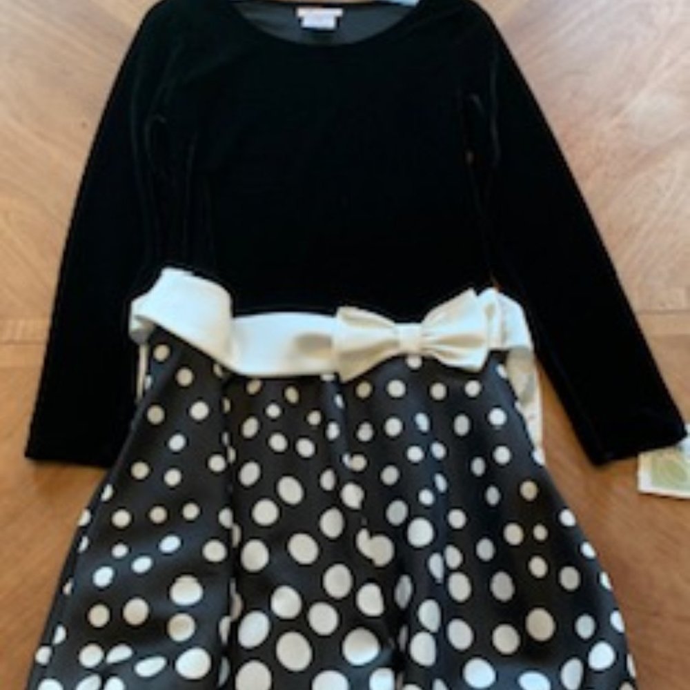 Black Velour Bodice Dress With Black & White Polka